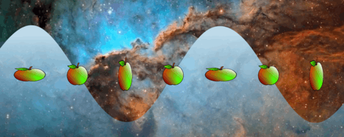 Eine Gravitationswelle streckt und staucht einen Apfel.